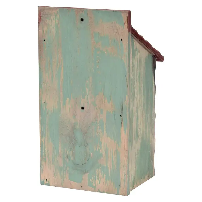 Dobar Nistkasten - L x B x H: 15 x 14,5 x 28 cm, Rot/Blau/Grün, Holz - Ansicht eines mintgrünen, abgenutzten Vogelhauses aus Holz mit rotem Dach, das rustikalen Charme und einen sicheren Unterschlupf für Vögel bietet.
