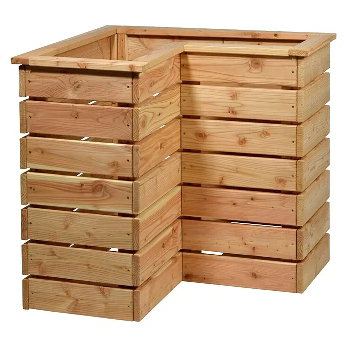 Dobar Hochbeet - 78 x 78 x 73 cm, Holz, Natur - Das Bild zeigt einen aus Holz gefertigten, erhöhten Pflanzkasten in L-Form, ideal für Gärten und Terrassen, mit rustikalem Charme.