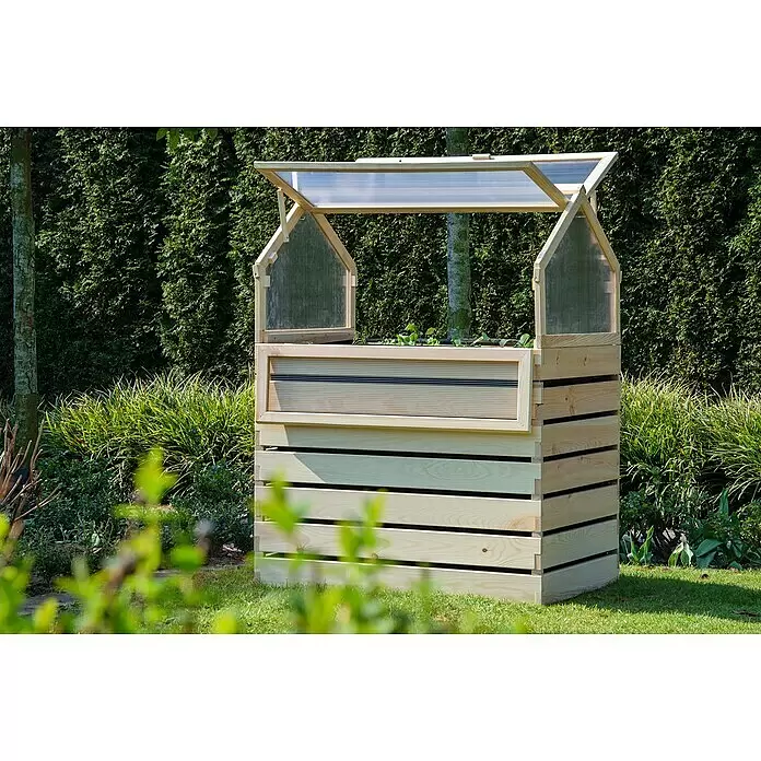 Dobar Hochbeet Hathi - L x B x H: 100 x 70 x 130 cm, Holz, Natur - Helles Hochbeet aus Holz mit durchsichtigem Klappdeckel, bepflanzt mit kleinen Pflanzen.