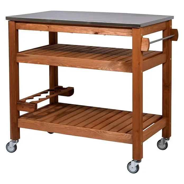 Dobar Beistellwagen - L x B x H: 94 x 58 x 90 cm, Braun - Holz-Küchenwagen mit Edelstahloberfläche und zwei Regalböden für zusätzlichen Stauraum. Praktisch und stilvoll.