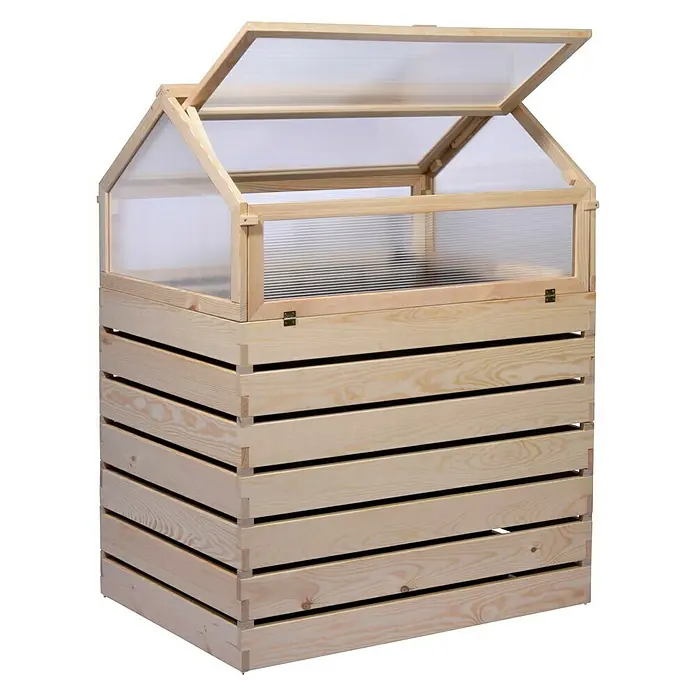 Dobar Hochbeet Hathi - L x B x H: 100 x 70 x 130 cm, Holz, Natur - Das Bild zeigt einen hölzernen Frühbeetkasten mit geöffnetem Deckel, ideal für den Garten oder Balkon. Er ist aus hellem Holz gefertigt.