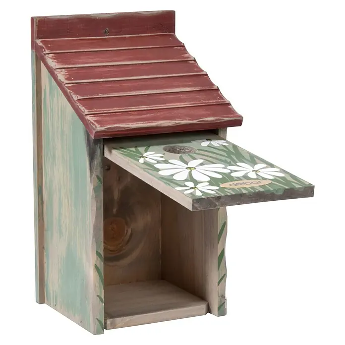 Dobar Nistkasten - L x B x H: 15 x 14,5 x 28 cm, Rot/Blau/Grün, Holz - Dekoratives Vogelhaus mit rotem Dach, offenstehender Klappe und Gänseblümchen-Motiv. Ein Hingucker für jeden Garten.