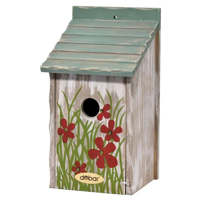 Dobar Nistkasten - 15 x 14,5 x 28 cm, Blau/Grün, Holz - Dekoratives Vogelhaus mit Blumenmotiv und grünem Dach. Es bietet Vögeln ein sicheres Zuhause und verschönert jeden Garten.