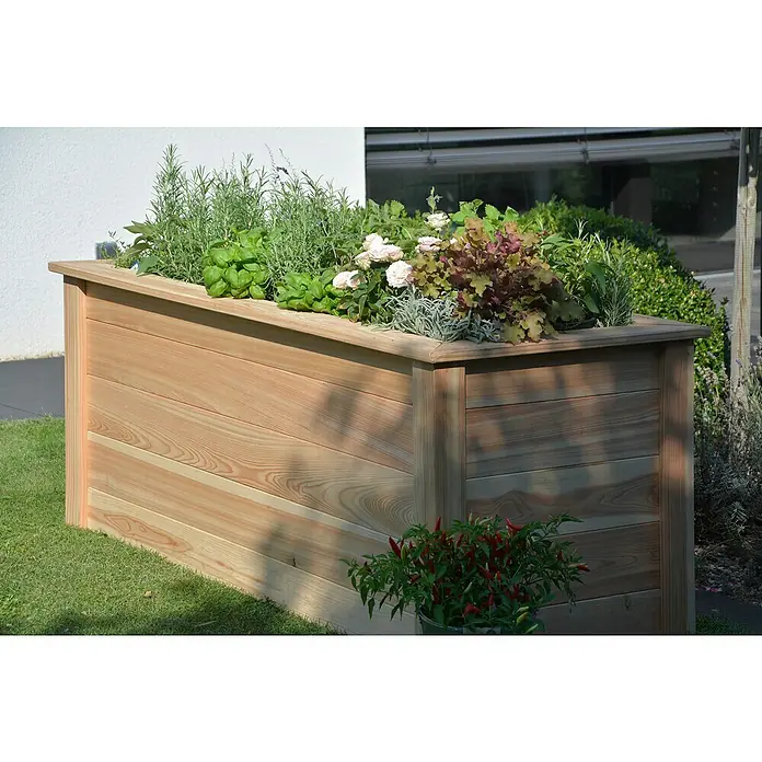 Dobar Hochbeet - 150 x 60 x 65 cm, Holz, Natur - Das Foto zeigt ein Hochbeet aus hellem Holz mit verschiedenen Kräutern und Pflanzen bepflanzt. Das Beet steht auf einer grünen Rasenfläche.