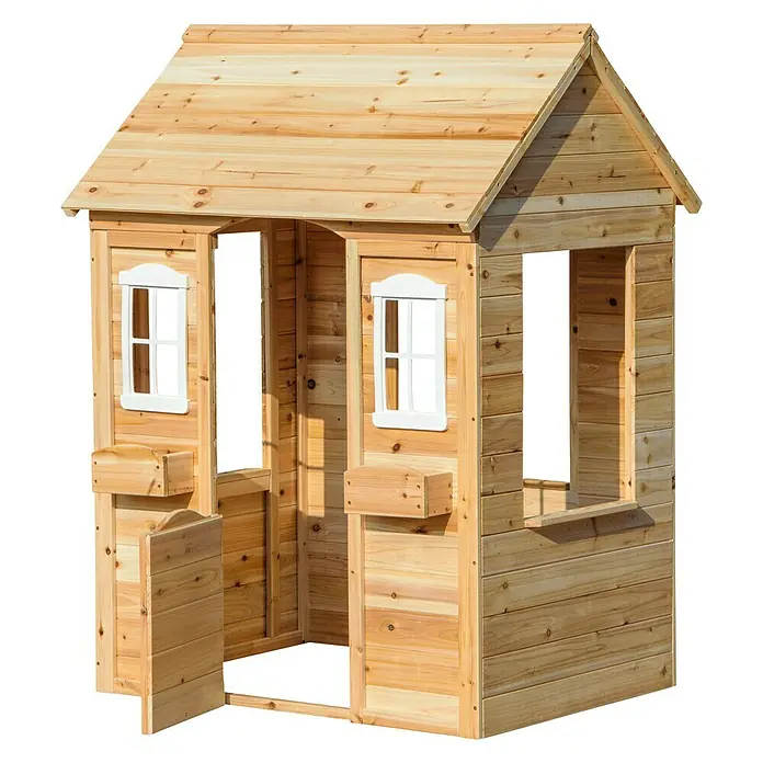 Dobar Spielhaus - L x B x H: 107 x 92 x 144,5 cm, Holz, Natur - Ein hölzernes Kinderspielhaus mit weißen Fensterrahmen und einer offenen Tür, ideal für fantasievolles Spielen im Freien.