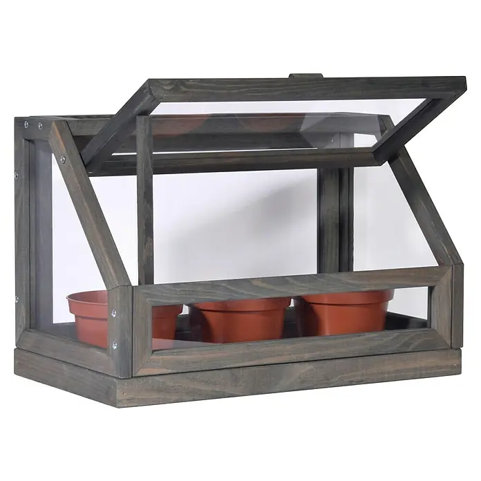 Dobar Zimmergewächshaus - L x B x H: 38 x 20 x 24,5 cm, Anthrazit - Ein graues Mini-Gewächshaus mit drei Tontöpfen, das eine perfekte Umgebung für das Wachstum junger Pflanzen bietet.