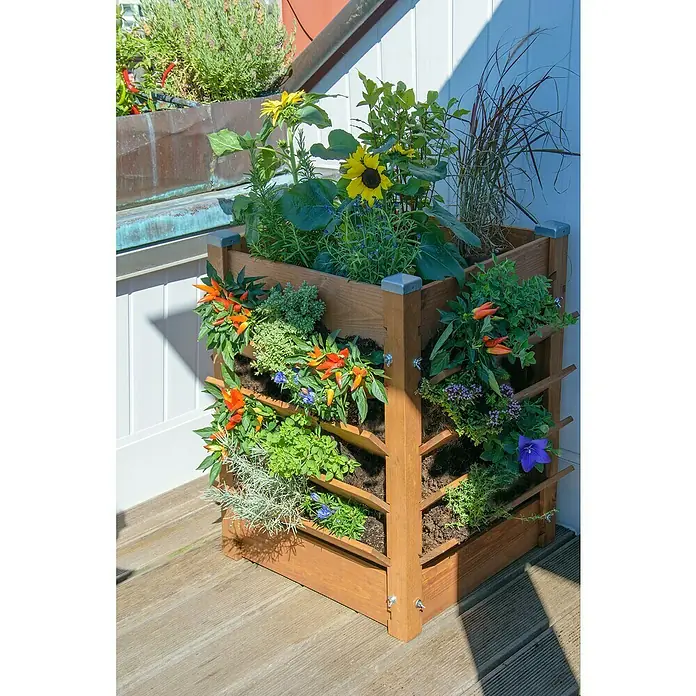 Dobar Komposter und Hochbeet 3-in-1 - 180 l, 64,5 x 64,5 x 75,5 cm - Mehrstöckiger Pflanzkasten aus Holz mit bunten Blumen und Kräutern bepflanzt, ideal für Terrasse oder Balkon.