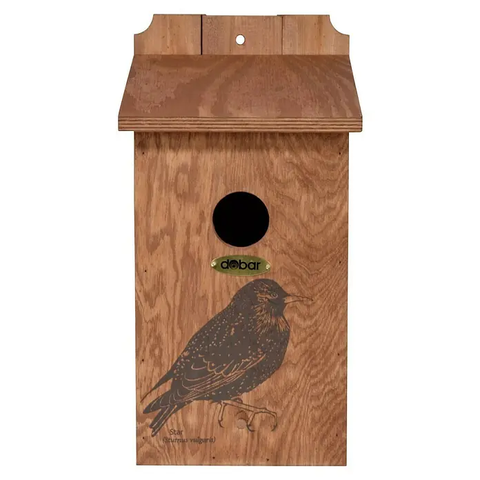 Dobar Nistkasten - L x B x H: 19 x 20 x 38 cm, Braun, Holz - Das Bild zeigt ein hölzernes Nistkasten mit einem Bild eines Stars und der Aufschrift "dobar", ideal für Garten- und Vogelliebhaber.