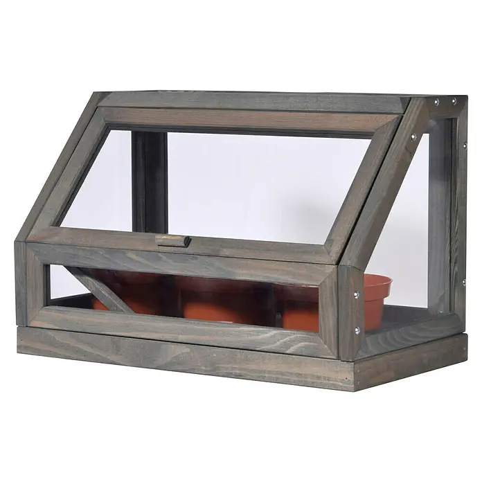 Dobar Zimmergewächshaus - L x B x H: 38 x 20 x 24,5 cm, Anthrazit - Nahaufnahme eines grauen Mini-Gewächshauses aus Holz mit einem durchsichtigen Dach und mehreren Blumentöpfen im Inneren.