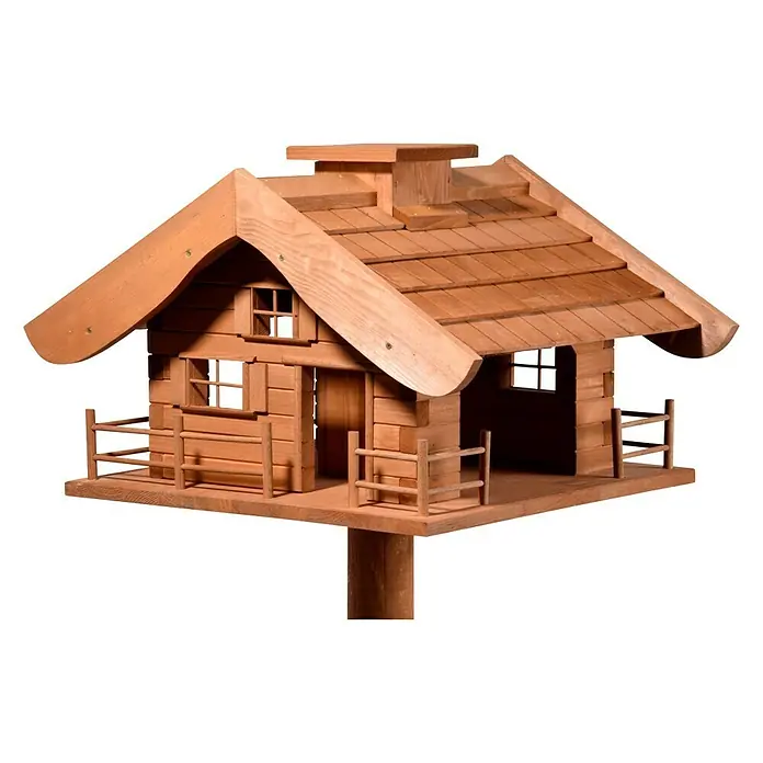 Dobar Vogelfutterhaus Almhütte - L x B x H: 66 x 66 x 136,5 cm, Braun, Holz - Holz Vogelhaus im Blockhausstil mit kleinem Zaun und Pfosten als dekoratives Element für den Garten.