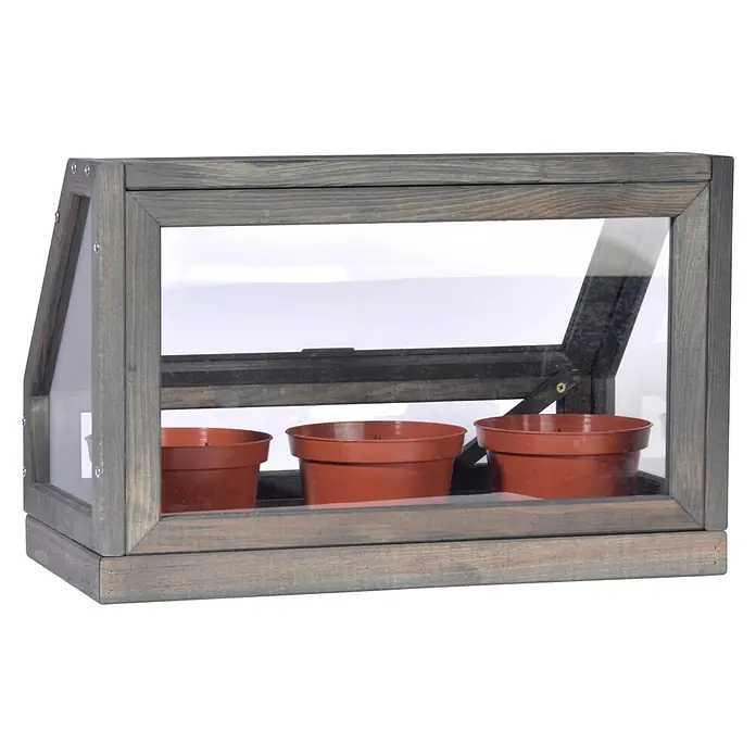 Dobar Zimmergewächshaus - L x B x H: 38 x 20 x 24,5 cm, Anthrazit - Ein graues Mini-Gewächshaus aus Holz mit drei Tontöpfen darin, ideal für die Anzucht von Pflanzen auf kleinem Raum.