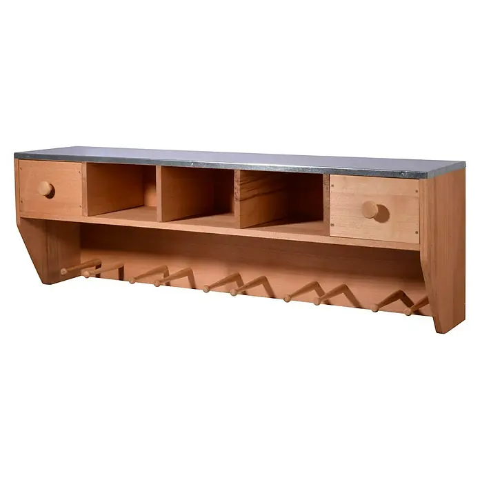 Dobar Pflanztisch - 118 x 26 x 38 cm - Einrichtungselement mit Holzregal, zwei Schubladen mit Knäufen und einer Reihe von Stiften zum Aufhängen von Gegenständen.