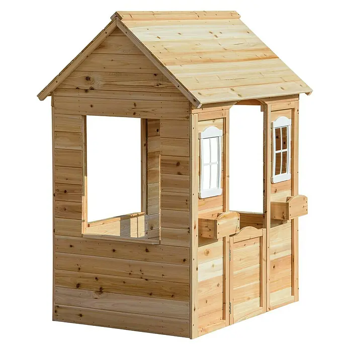 Dobar Spielhaus - L x B x H: 107 x 92 x 144,5 cm, Holz, Natur - Ein detailreiches Bild eines hölzernen Kinderspielhauses mit Fenstern und einer Tür auf einem schwarzen Hintergrund.