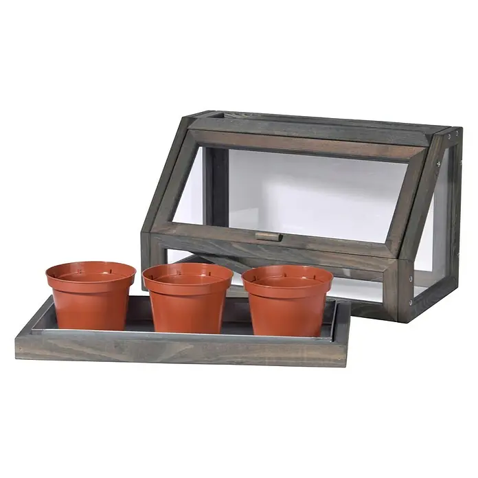 Dobar Zimmergewächshaus - L x B x H: 38 x 20 x 24,5 cm, Anthrazit - Eine Mini-Gewächshaus-Szene mit drei braunen Töpfen in einem passenden Holztablett vor einem kleinen Gewächshaus.