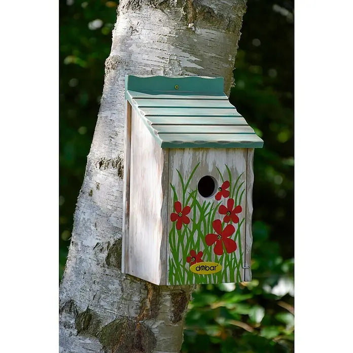 Dobar Nistkasten - 15 x 14,5 x 28 cm, Blau/Grün, Holz - Ein dekoratives Vogelhaus mit Blumenmuster, an einem Baum befestigt, bietet kleinen Vögeln ein sicheres Zuhause und verschönert den Garten.