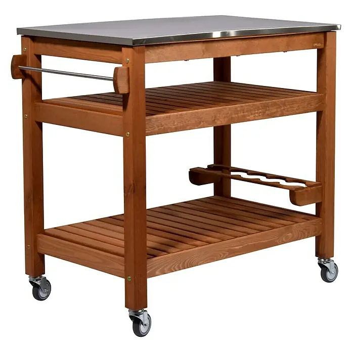 Dobar Beistellwagen - L x B x H: 94 x 58 x 90 cm, Braun - Hier ist ein Küchenwagen aus Holz mit einer Edelstahloberfläche, der zusätzliche Ablagefläche und Mobilität in der Küche bietet.