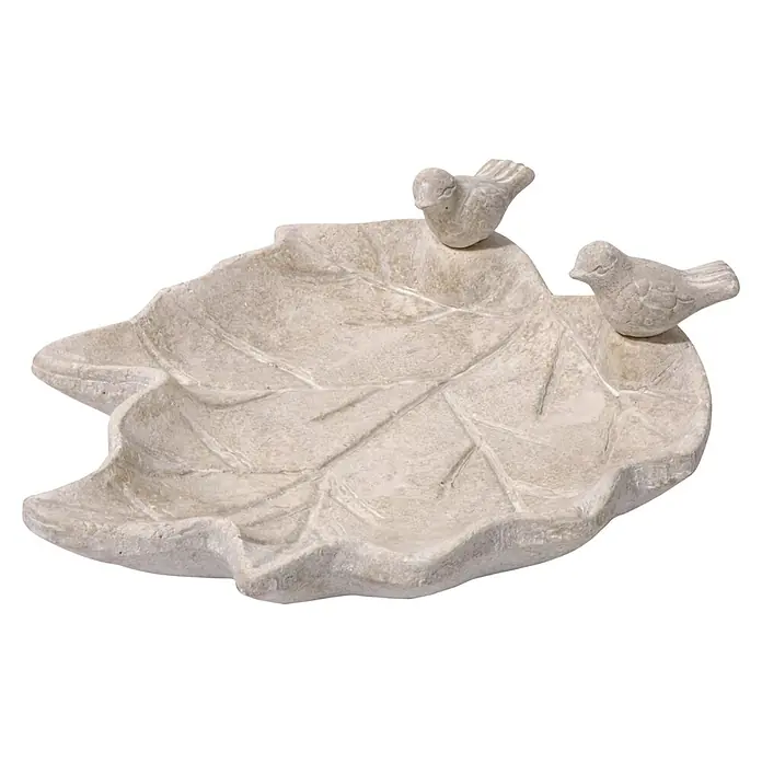 Dobar Vogeltränke Blatt-Paradies - Weiß, Keramik, L x B x H: 31 x 29,5 x 5,5 cm - Gartendeko: Vogeltränke in Blattform mit zwei kleinen Vogel-Figuren, eine charmante Ergänzung für jeden Garten.