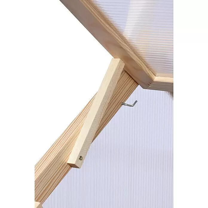 Dobar Hochbeet Hathi - L x B x H: 100 x 70 x 130 cm, Holz, Natur - Detail eines Holzgewächshausrahmens mit transparenten Paneelen, Stützarm und Metallhaken zur Belüftung.