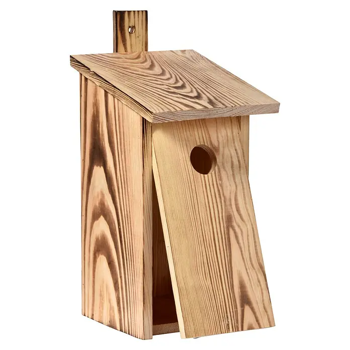 Dobar Nistkasten - 15,5 x 19 x 33 cm, Holz, Braun - Ein rustikales hölzernes Vogelhaus mit geneigtem Dach und rundem Eingangsloch, perfekt für den Garten.