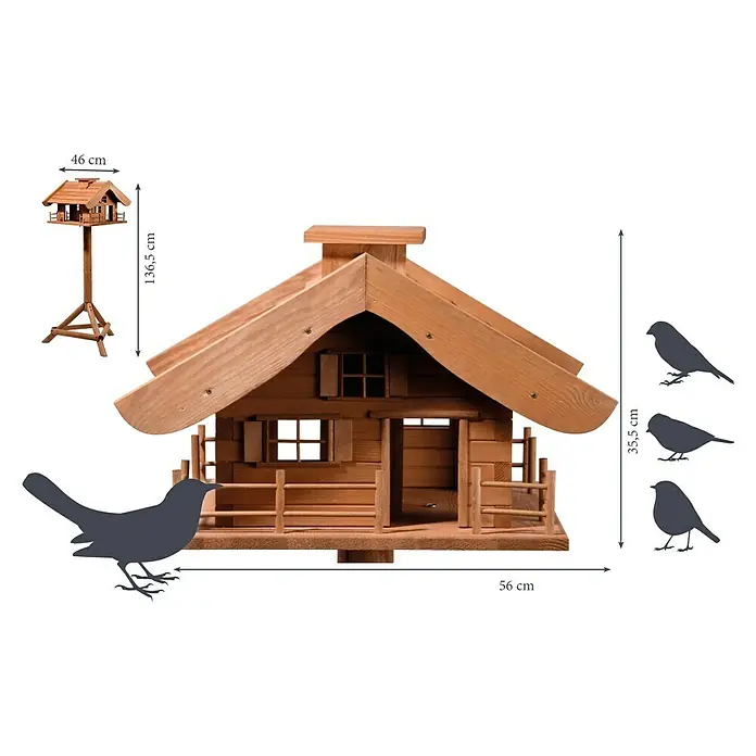 Dobar Vogelfutterhaus Almhütte - L x B x H: 66 x 66 x 136,5 cm, Braun, Holz - Nahaufnahme eines großen Holz-Vogelhauses mit Maßen, das eine einladende Umgebung für gefiederte Freunde bietet.