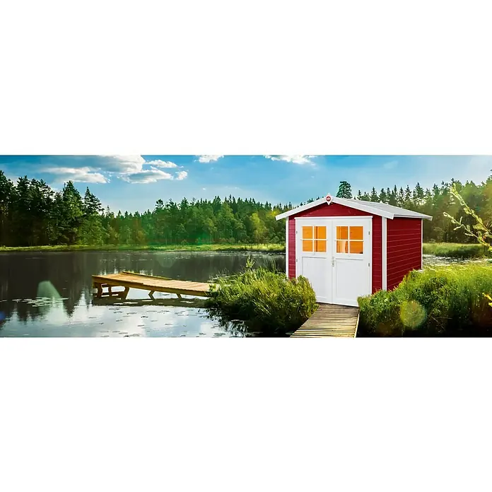 Weka Gartenhaus Colore 1 - Holz, Rot, Grundfläche: 4,91 m² - Das rote Gartenhaus mit den weißen Türen steht idyllisch am See und lädt zum Verweilen ein. Die perfekte Ergänzung für jeden Garten.