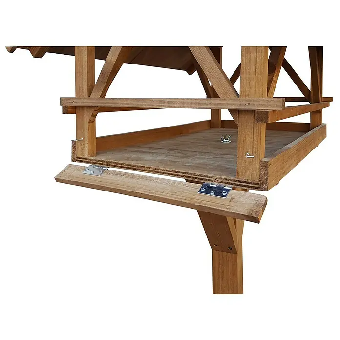 Dobar Vogelfutterhaus Westfalen - 78 x 62 x 148 cm, Grün/Braun, Holz - Nahaufnahme eines hölzernen Vogelhauses mit einem heruntergeklappten Brett. Die Holzkonstruktion ist detailreich und robust.