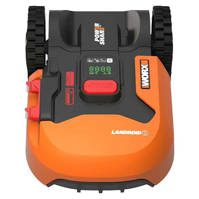 Worx PowerShare 20V Mähroboter Landroid S400 - 400 m², Schnittbreite: 18 cm, Induktionsgestützte Navigation, Begrenzungskabel - Abbildung eines Worx Landroid S Robotermähers mit Rädern und einem orangefarbenen Gehäuse.
