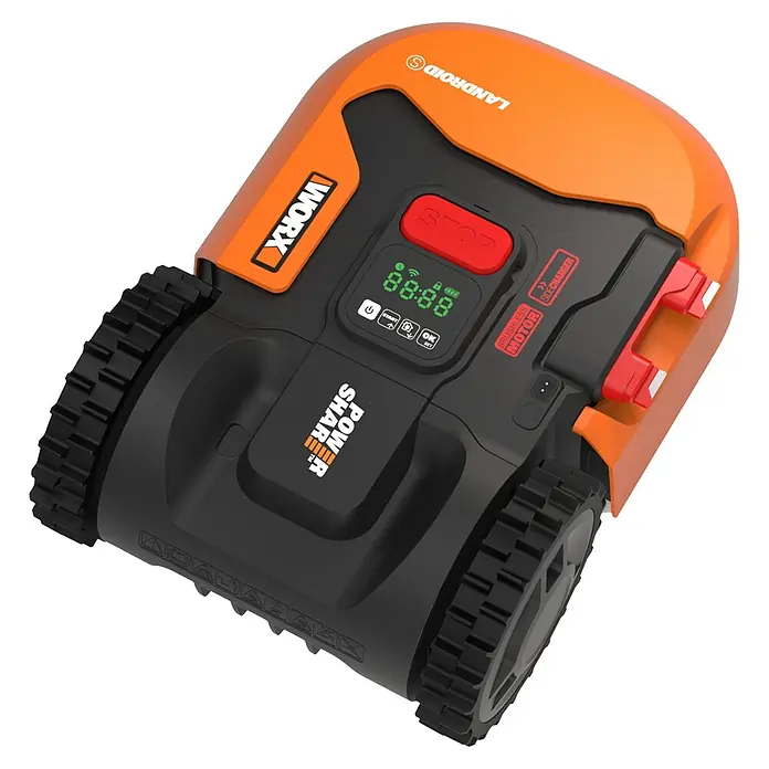Worx PowerShare 20V Mähroboter Landroid S400 - 400 m², Schnittbreite: 18 cm, Induktionsgestützte Navigation, Begrenzungskabel - Das Bild zeigt einen Worx Landroid S Mähroboter, der sich ideal für die Rasenpflege eignet. Er ist mit Power Share ausgestattet und einfach zu bedienen.