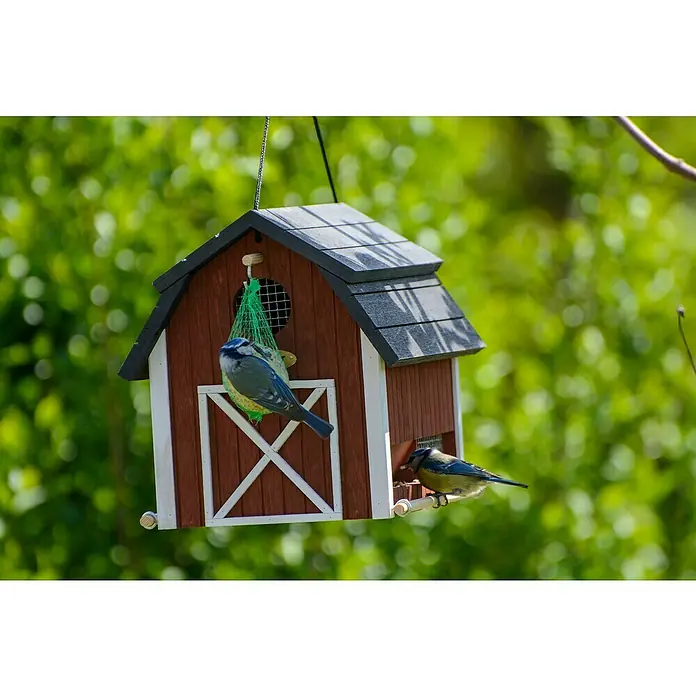 Dobar Vogelhaus Katthult - 31,5 x 21 x 23,5 cm, Holz, Rot - Ein charmantes Vogelhaus mit zwei Blaumeisen, die sich an den angebotenen Leckereien erfreuen. Das hölzerne Vogelhaus ist ein echter Hingucker.