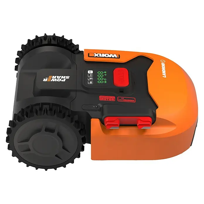 Worx PowerShare 20V Mähroboter Landroid S400 - 400 m², Schnittbreite: 18 cm, Induktionsgestützte Navigation, Begrenzungskabel - Nahaufnahme eines Worx Landroid S Mähroboters, der mit Power Share, bürstenlosem Motor und Seitenlader ausgestattet ist.