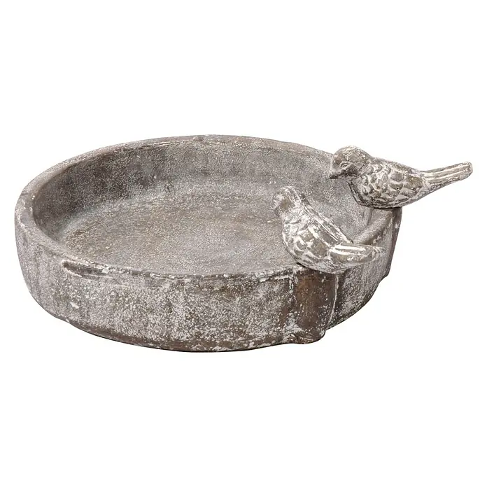Dobar Vogeltränke Pool-Oase - Grau, Ø x H: 24,5 x 5,5 cm, Keramik - Graue Vogeltränke mit zwei Vögeln am Rand, ideal für den Garten. Sie bietet Vögeln eine Wasserquelle und ist eine dekorative Ergänzung.