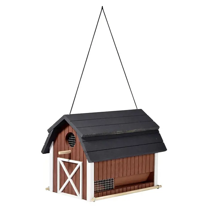 Dobar Vogelhaus Katthult - 31,5 x 21 x 23,5 cm, Holz, Rot - Ein braunes Vogelhaus im Scheunenstil hängt an einem schwarzen Seil und bietet einen sicheren Ort zum Fressen.