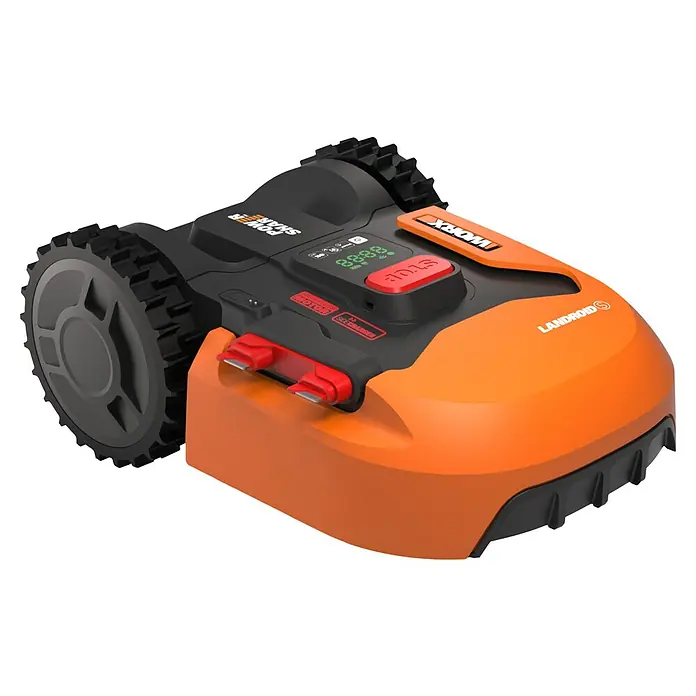 Worx PowerShare 20V Mähroboter Landroid S400 - 400 m², Schnittbreite: 18 cm, Induktionsgestützte Navigation, Begrenzungskabel - Abbildung eines orangefarbenen WORX Landroid S Mähroboters auf schwarzem Hintergrund.