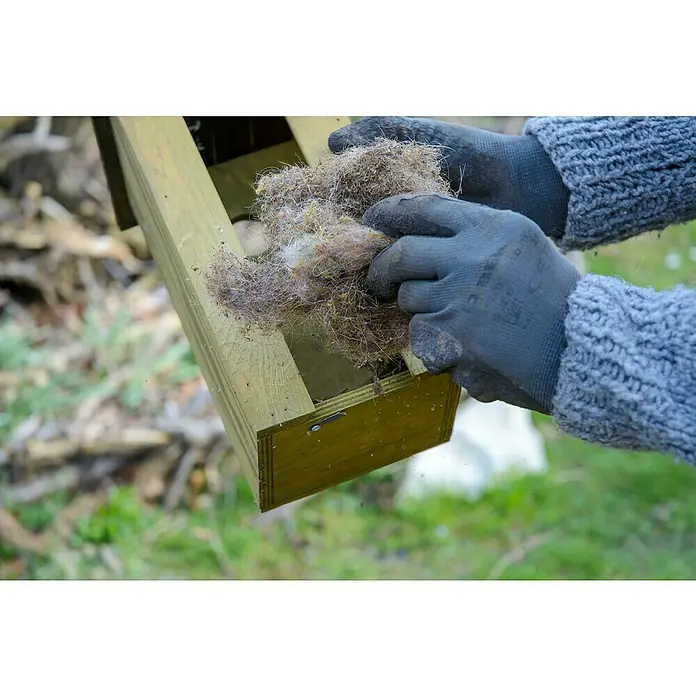 Dobar Nistkasten Fagus sylvatica - 15,5 x 14,5 x 30 cm, Braun, Holz - Eine Person reinigt einen gelben Nistkasten mit grauen Handschuhen, um ihn für die nächste Vogelsaison vorzubereiten.
