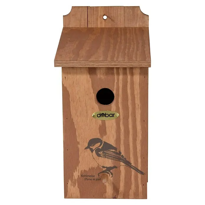 Dobar Nistkasten - L x B x H: 17 x 18 x 35 cm, Braun, Holz - Braunes Vogelhaus mit Loch, "dobar" Schild und Vogelbild. Perfekt für den Garten, um Vögeln ein Zuhause zu bieten.