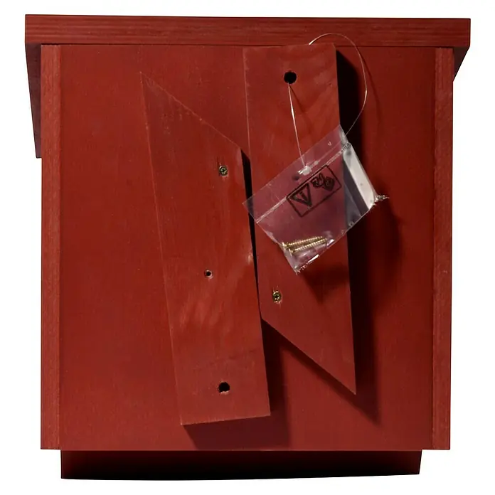 Dobar Insektenhotel für Florfliegen - 27 x 29 x 30 cm, Holz, Rot - Nahaufnahme eines roten Vogelhauses mit Schrauben und Montageanleitung, ideal für Naturliebhaber und Gartenfreunde.