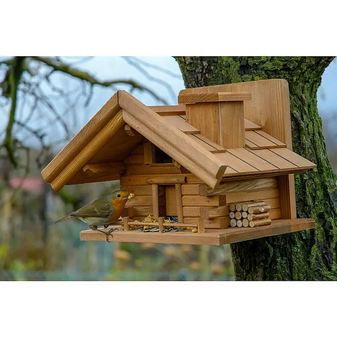 Dobar Vogelfutterhaus St. Moritz - L x B x H: 33 x 24,5 x 21 cm, Braun, Holz - Ein Rotkehlchen sitzt auf einem kunstvollen Holz-Vogelhaus im Blockhausstil und pickt Körner. Der perfekte Futterplatz für Gartenvögel.
