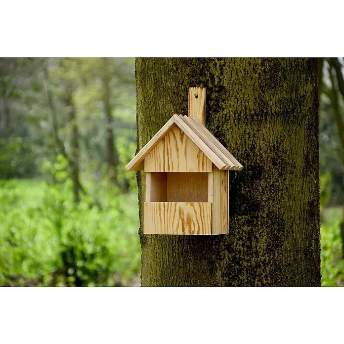 Dobar Nistkasten - 22,5 x 19,5 x 33 cm, Braun, Holz - Nahaufnahme eines hölzernen Vogelhauses, das an einem Baumstamm im Wald befestigt ist, um Vögeln einen sicheren Unterschlupf zu bieten.