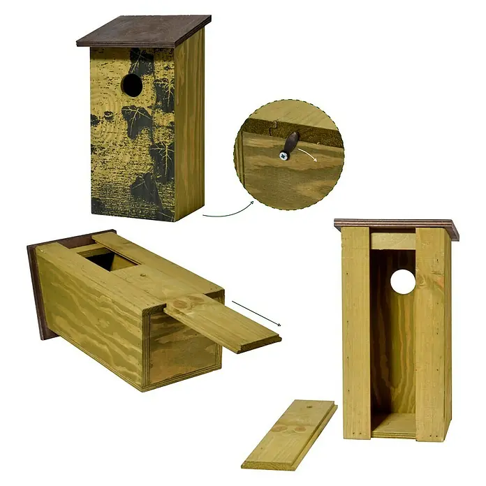 Dobar Nistkasten Fagus sylvatica - 15,5 x 14,5 x 30 cm, Braun, Holz - Eine detailreiche Darstellung eines hölzernen Vogelhauses in verschiedenen Ansichten.
