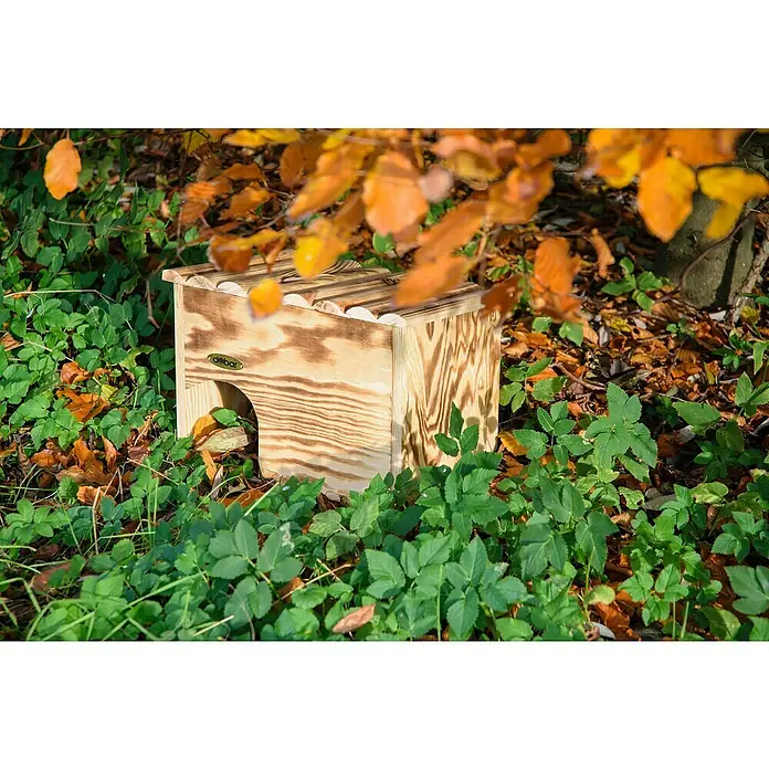 Dobar Igelhaus - 30,5 x 26,5 x 24 cm, Holz, Braun - Nahaufnahme eines hölzernen Igelhauses im Herbstlaub mit grünen Blättern im Vordergrund, das ein sicheres Versteck bietet.