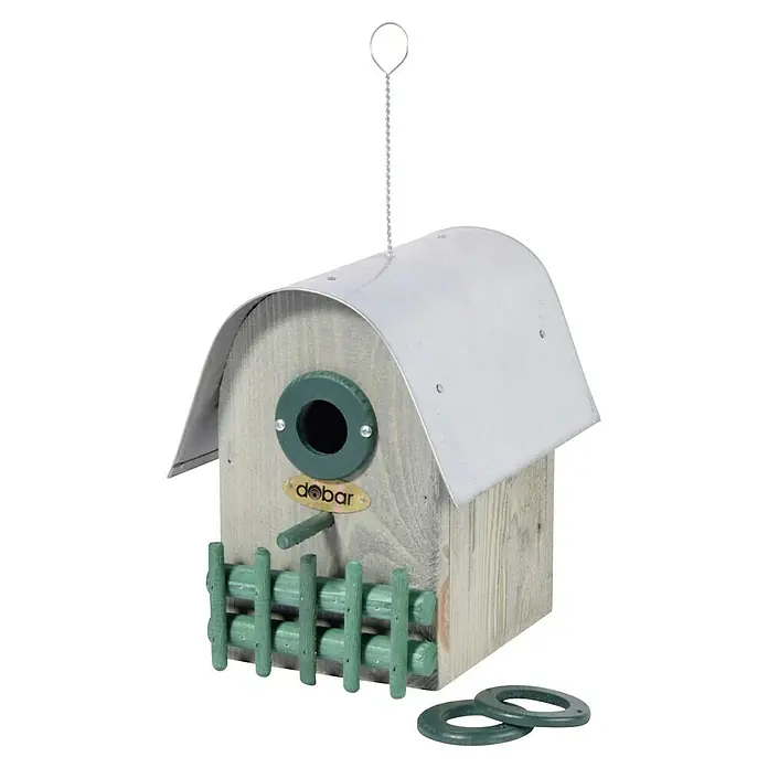 Dobar Nistkasten Rundhaus - 14 x 20 x 22 cm, Holz, Grün/Silber - Attraktives Vogelhaus von Dobar mit wetterfestem Metalldach und grünen Akzenten, ideal für den Garten.
