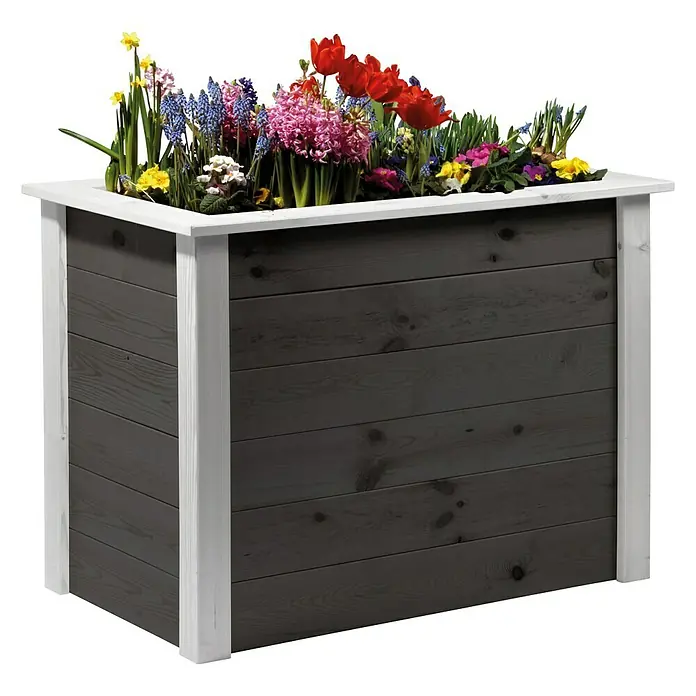 Dobar Hochbeet Two-Tone - L x B x H: 108 x 65 x 80 cm, Holz, Anthrazit/Weiß - Der graue Pflanzkasten aus Holz mit bunten Frühlingsblumen sorgt für eine lebendige und stilvolle Dekoration im Garten oder auf der Terrasse.