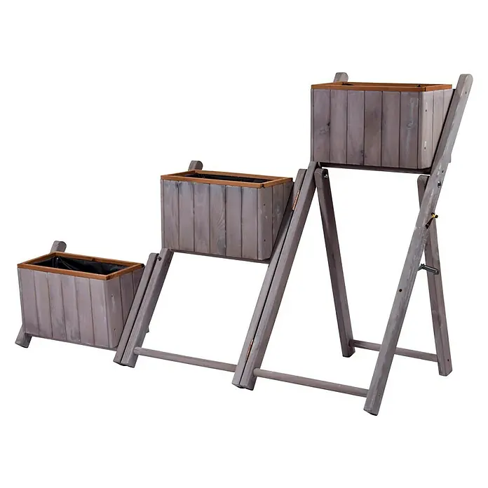 Dobar Pflanzkasten - L x B x H: 41 x 55 x 85 cm, Kunststoff, Grau - Das Bild zeigt einen dreistufigen Pflanzkasten aus Holz, ideal für Garten und Balkon. Die unterschiedlich hohen Ebenen bieten Platz für Pflanzen.