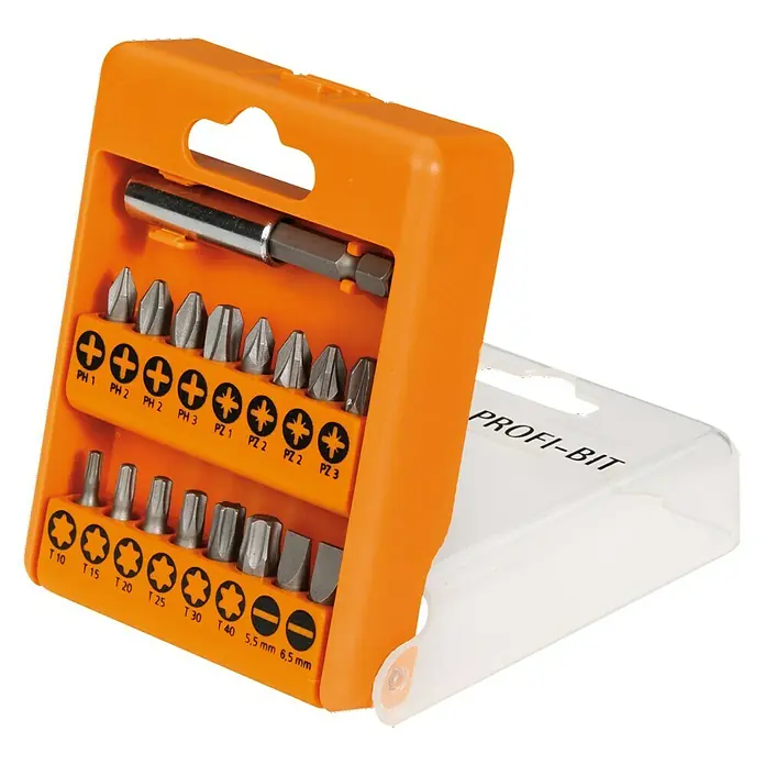 AEG Powertools Bit-Set Profi - 17 -tlg. - Ein Set mit Schraubendreher-Bits in verschiedenen Größen und Formen, ordentlich in einer orangefarbenen Aufbewahrungsbox präsentiert.