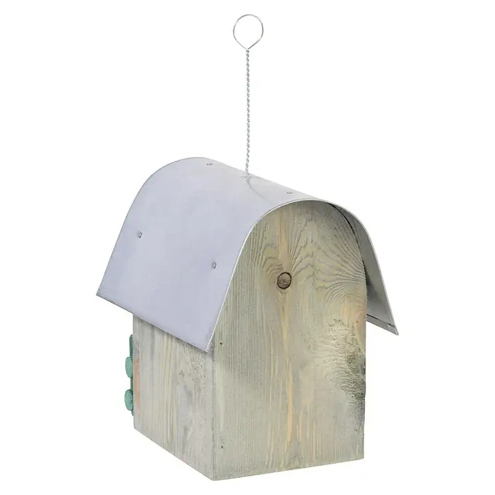 Dobar Nistkasten Rundhaus - 14 x 20 x 22 cm, Holz, Grün/Silber - Dieses Bild zeigt ein Vogelhaus aus Holz mit einem gewölbten Metalldach und einer Aufhängeschlaufe. Es ist ideal für Naturliebhaber.