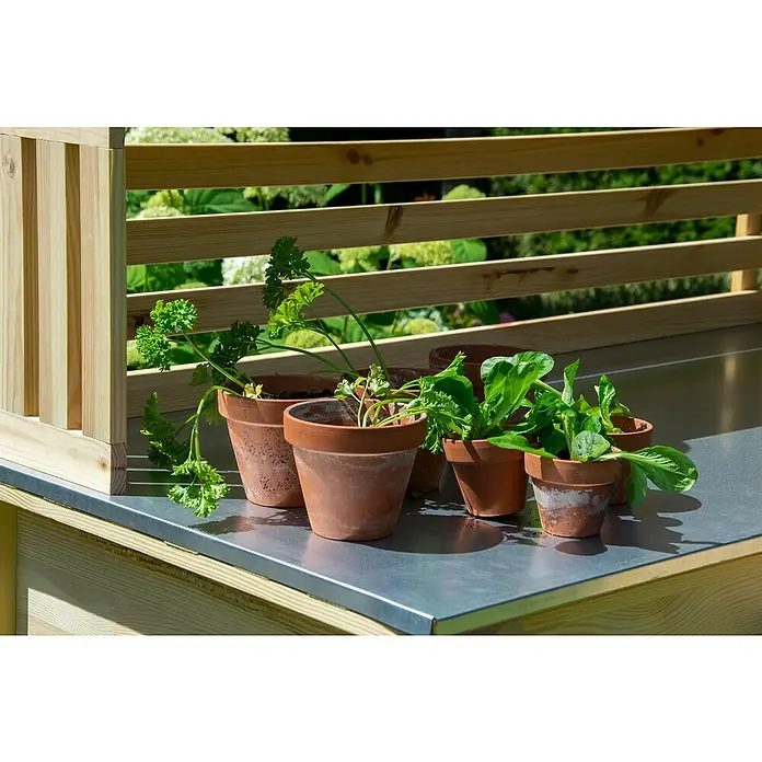 Dobar Pflanztisch Buche - L x B x H: 117 x 62 x 124 cm - Nahaufnahme von Kräutern, die in Terrakotta-Töpfen auf einem Gartentisch mit Holzrahmen wachsen, für ein frisches und natürliches Ambiente.