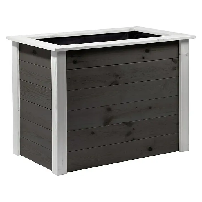 Dobar Hochbeet Two-Tone - L x B x H: 108 x 65 x 80 cm, Holz, Anthrazit/Weiß - Ein grauer Pflanzkasten aus Holz mit weißem Rahmen. Der Pflanzkasten hat eine rechteckige Form und ist innen mit schwarzem Stoff ausgekleidet.