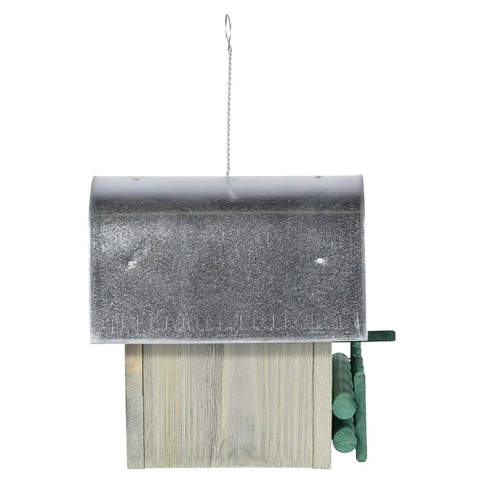 Dobar Nistkasten Rundhaus - 14 x 20 x 22 cm, Holz, Grün/Silber - Eine Nahaufnahme eines Vogelhauses mit einem verzinkten Metalldach, Holzdetails und einem Aufhängeseil. Das Produkt präsentiert sich funktional und rustikal.