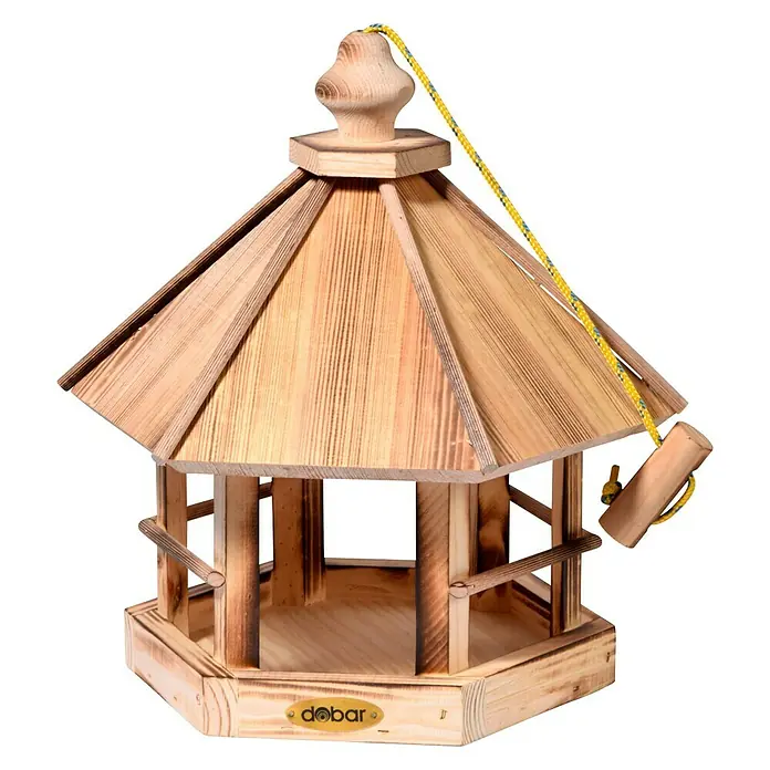 Dobar Vogelfutterhaus Caliente - L x B x H: 29 x 29 x 34 cm, Braun, Holz - Holz-Vogelhaus mit gelbem Seil zum Aufhängen, attraktiver Futterplatz für Gartenvögel.
