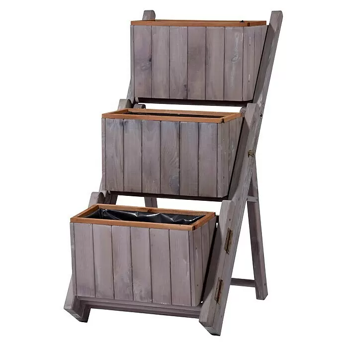 Dobar Pflanzkasten - L x B x H: 41 x 55 x 85 cm, Kunststoff, Grau - Dreistufiger, verwitterter Holz-Pflanzständer mit dunkelbrauner Zierleiste und schwarzen Einsätzen.
